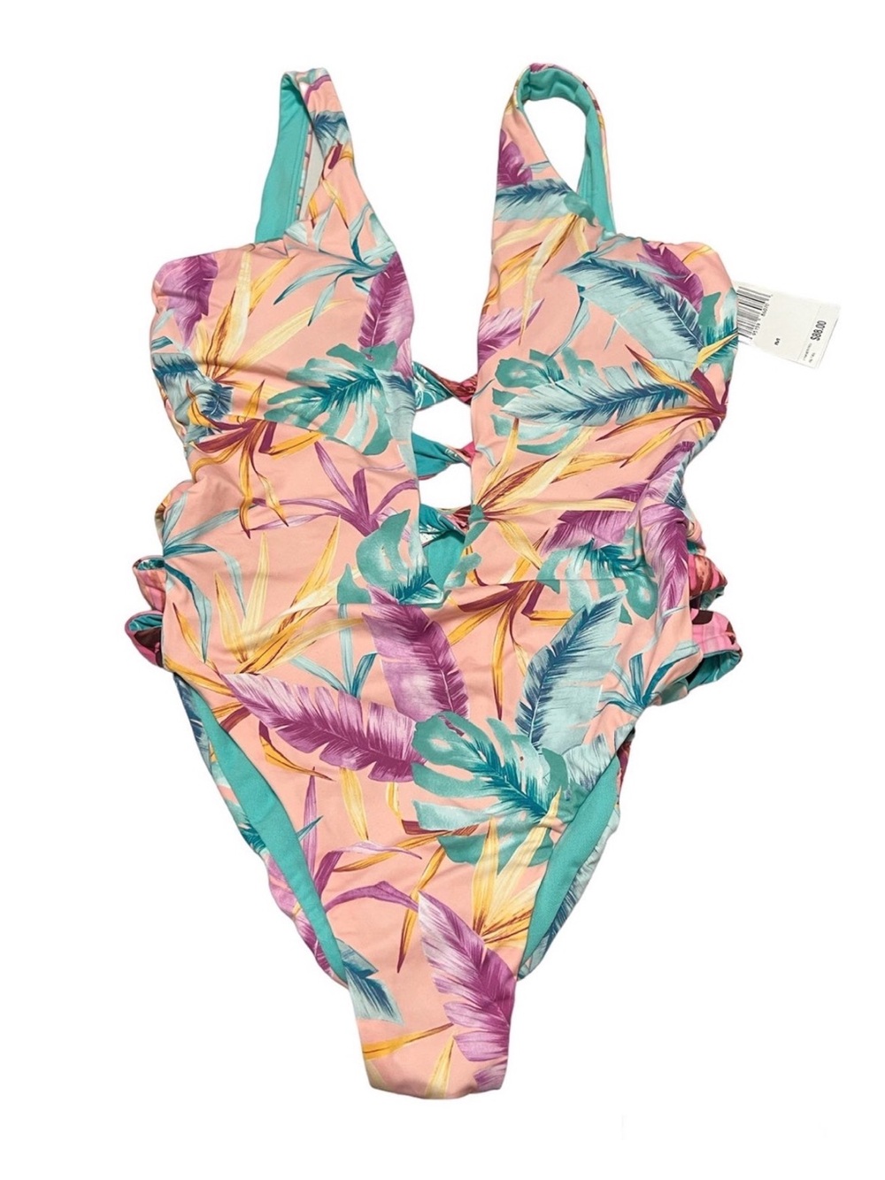 Bar III Tropical Leaf One-Piece Swimsuit - Pink/Teal/Purple/Yellow